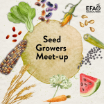 A collage of stylized seeds, grains, fruit and vegetables surround a beige circle in the centre of the image, with black text reading "seed growers meet-up"