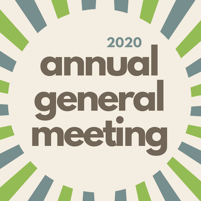 text reads "2020 annual general meeting" on a beige background, surrounded by green and blue burst lines