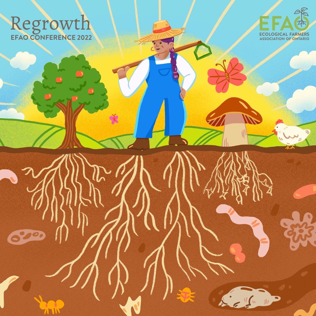 A colourful graphic depicts a brown-skinned person in overalls holding a hoe, standing in a field with roots growing from their feet into the ground, which is full of living organisms. A tree is to their right and the sun shines behind them.