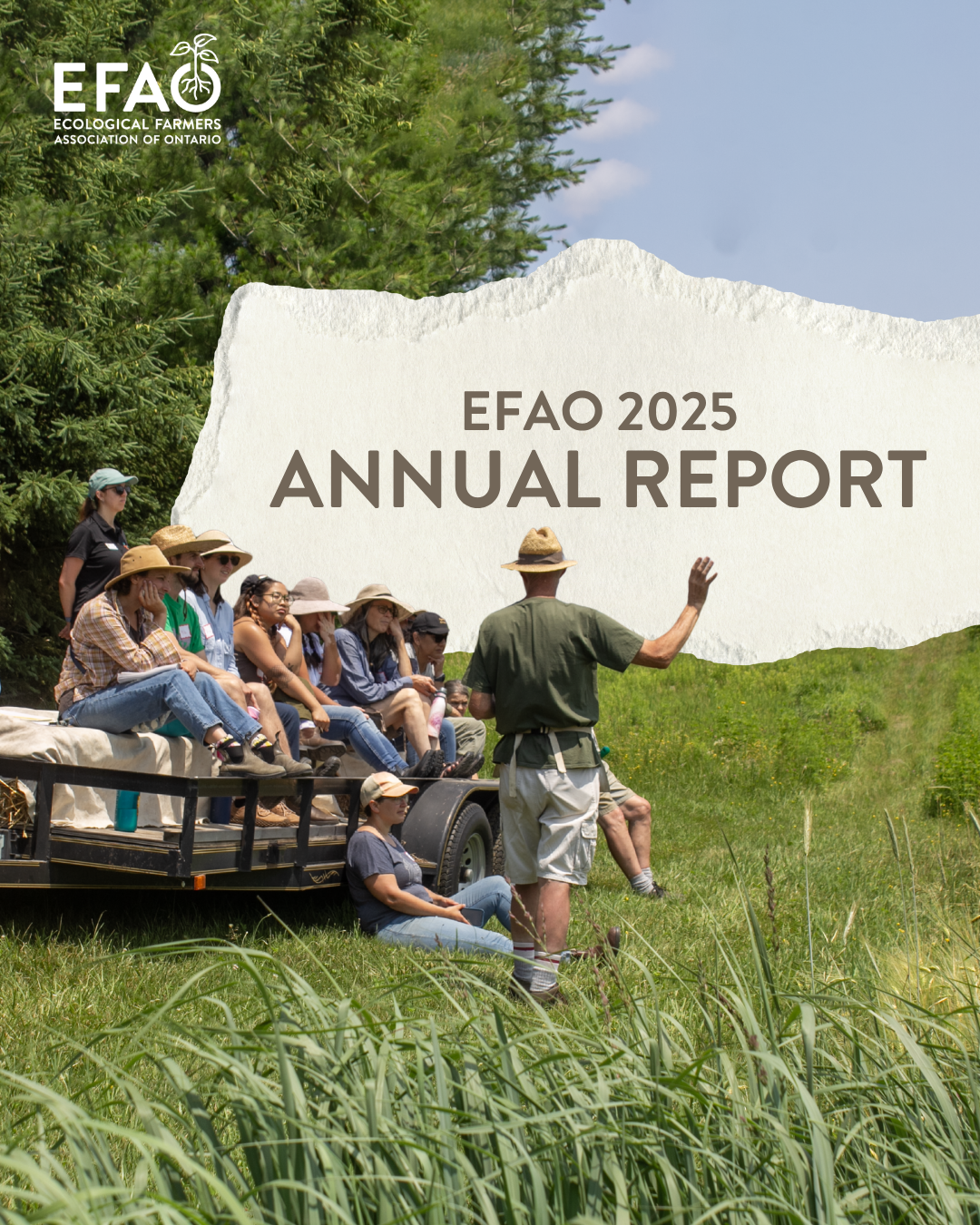 Photo of Duane talking to a crowd during a field day in 2025, and the words "EFAO 2025 Annual Report"