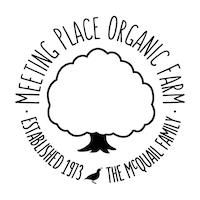 Black text on white background "Meeting Place Organic Farm" logo with tree