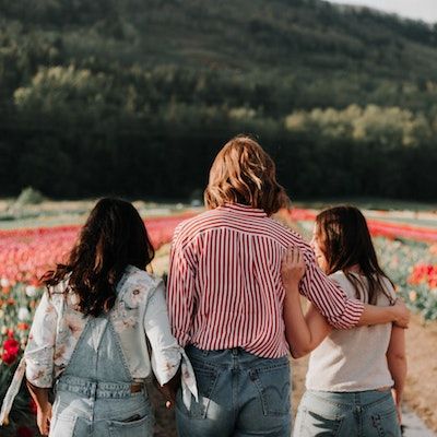 Group in flower field