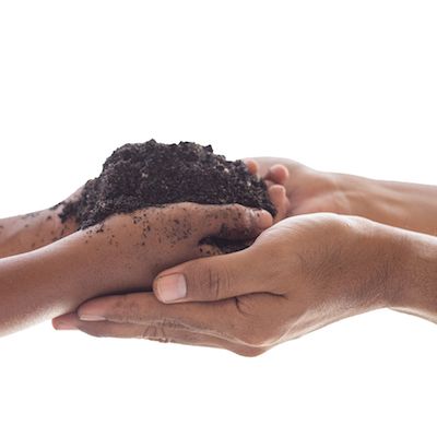 two pairs of hands, both shades of brown, cup hand a handful of soil together